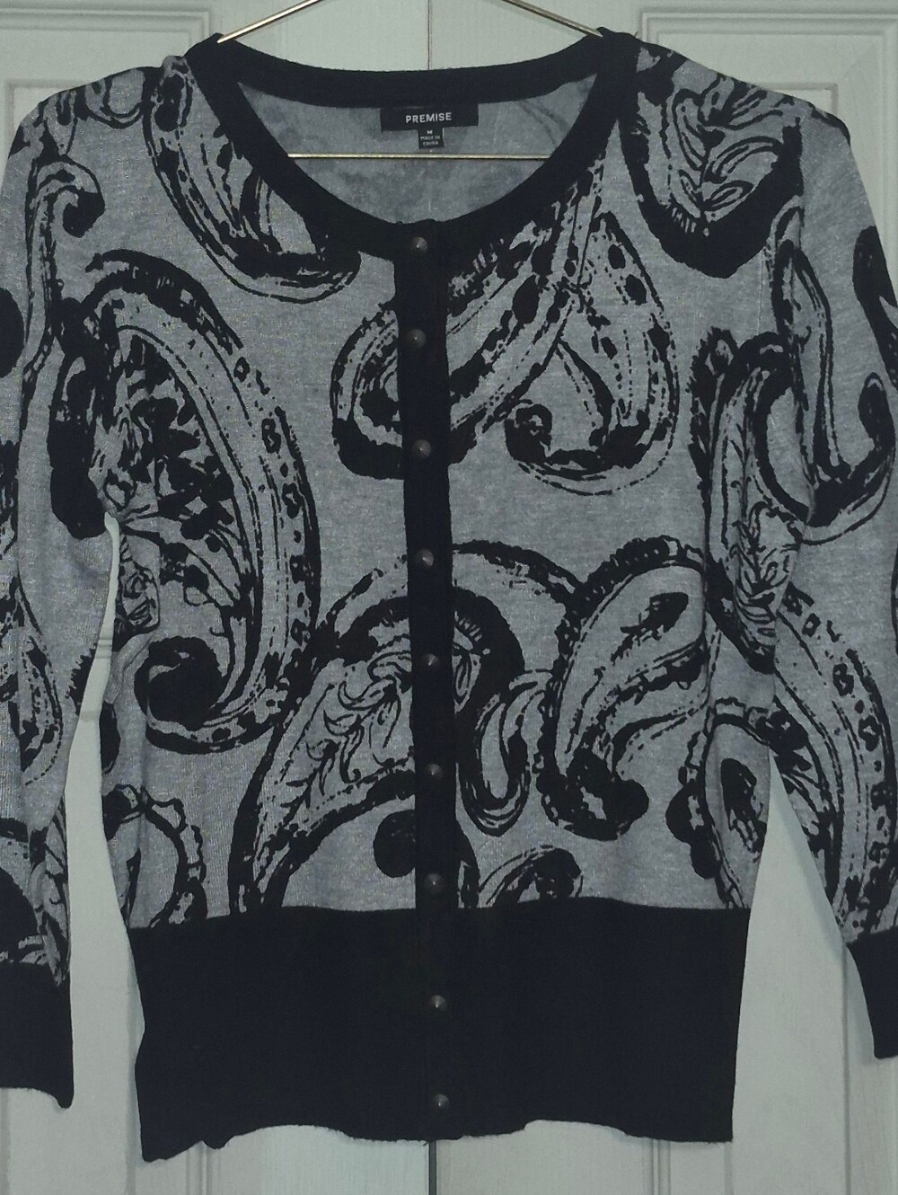 Premise Black and Gray Paisley Button-Up Sweater
